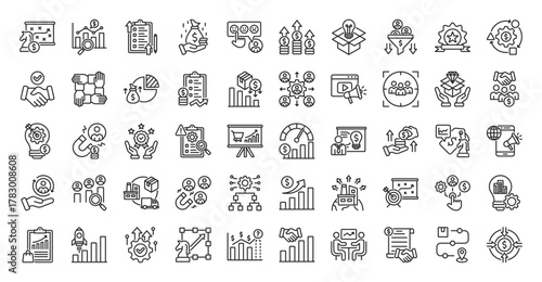 development icon set outline collection contain business strategy, market analysis, growth plan, revenue stream, customer feedback, competitive edge, product innovation, sales funnel, team building