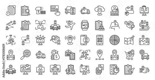 tracking icon set outline collection containing activity, audit trail, barcode, scan, biometric, customer, delivery, digital footprint, distance, event, facial, fleet, flight, health, tracker, log