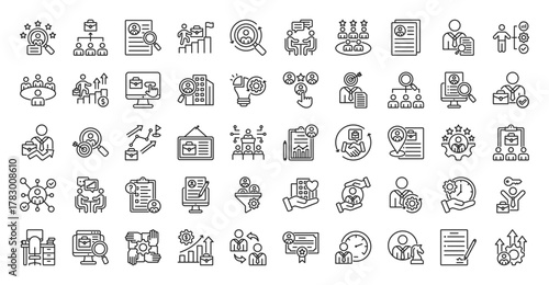 headhunting icon set outline collection containing talent search, job, candidate, resume, career, growth, recruitment process, interview, profile, hiring, skill, assessment, opportunity, application