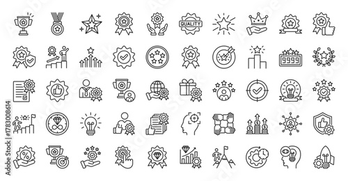 excellence icon set outline collection containing achievement trophy, gold medal, diamond star, premium badge, excellence award, quality, shining star, success crown, best, top choice, trust, brand