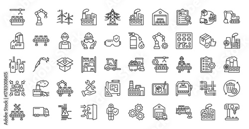 factory icon set outline collection contain assembly line, industrial, robot, energy turbine, building, power plant, manufacturing, warehouse, quality control, supply chain, heavy machinery, conveyor