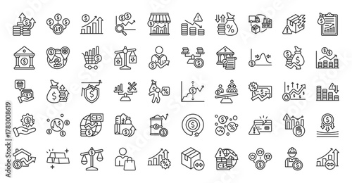 inflation icon set outline collection contain price rise, cost surge, market trend, financial crisis, interest rate, supply chain, demand shock, fiscal policy, consumer price, trade deficit, growth