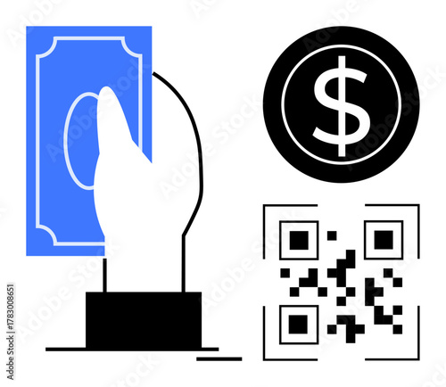 Hand holding cash, dollar coin, QR code illustrating payment methods. Ideal for finance, e-commerce, transactions, cashless payment, fintech retail business modern economy. Simple flat metaphor