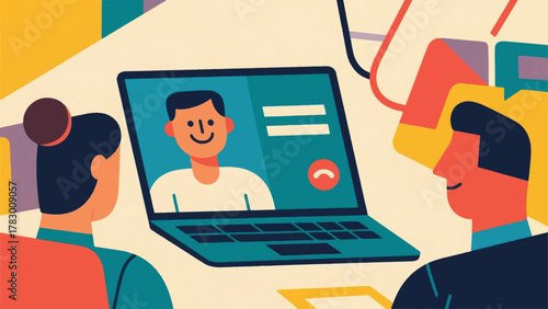 illustration vector showing a virtual meeting call with a friendly face on the laptop, illustrating effective remote communication.eps