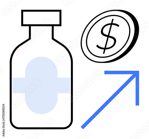 Medicine bottle, dollar coin, and upward arrow highlighting increased healthcare costs. Ideal for medical economy, pricing trends, healthcare inflation, pharmaceutical industry, cost analysis