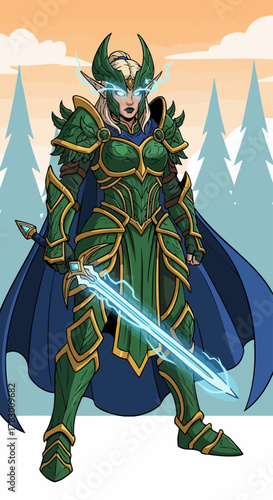 Female Warrior in Ornate Green Armor Holding a Glowing Sword.