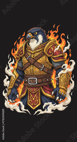 Armored Falcon Warrior Amidst Flames, Fantasy Character Illustration.