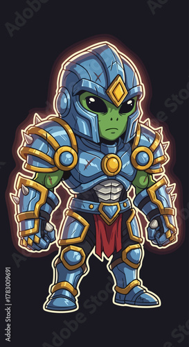 Green Alien Warrior Character in Ornate Blue Fantasy Armor.