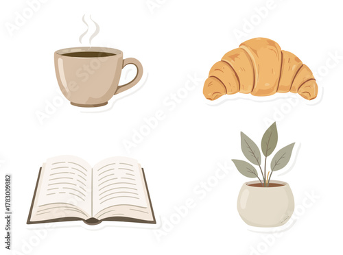 Morning routine illustration coffee, croissant, book, and plant - perfect for cozy vibes and relaxation