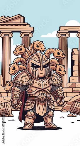Mythical warrior with hydra heads and ornate armor standing tall.