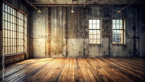 A vintage industrial buildings rustic charm unfolds in this atmospheric shot of an old concrete wall and wooden floor