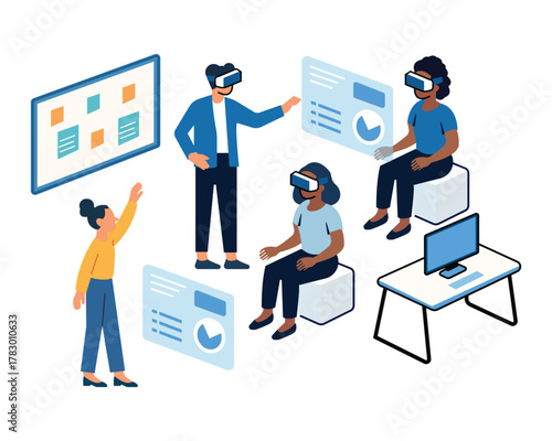 Dynamic team collaborating in virtual reality for data analysis and innovative strategy, enhancing teamwork and futuristic collaboration in a modern workspace