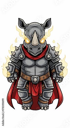 Armored Rhino Warrior with Glowing Eyes and Fiery Aura.