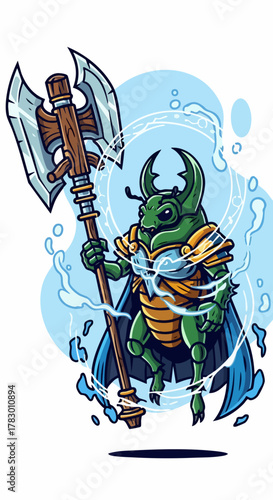 Mighty green beetle warrior in armor wielding a powerful axe.