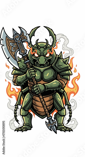 Armored beetle warrior with battle axe and fiery aura.