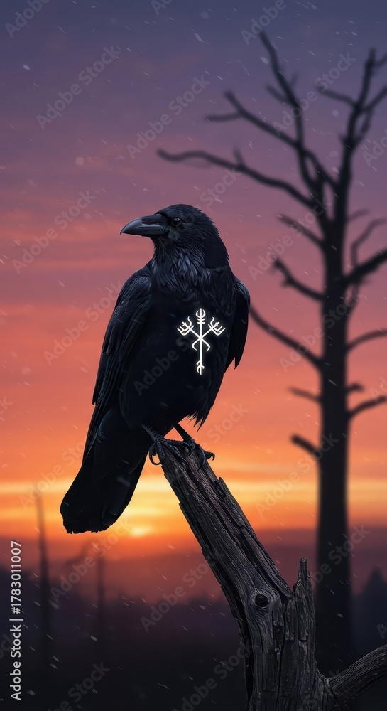 Obraz premium Dark raven with luminous symbol perched on a weathered branch against a dramatic sunset sky