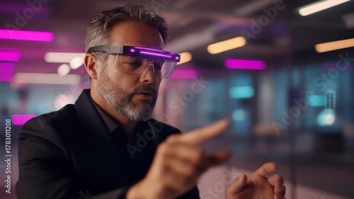 Bearded man wearing futuristic augmented reality eyewear interacting with virtual display innovation concept