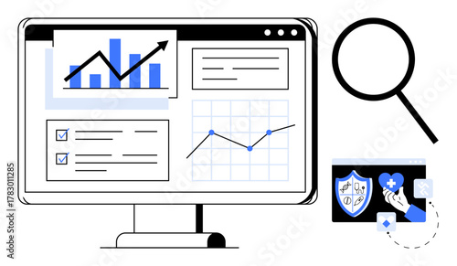 Data graphs, growth charts, checklist on desktop monitor, magnifying glass, digital shield. Ideal for analytics, business strategy, data security, planning evaluation research simple flat metaphor