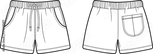 PrintFashion flat sketch of women casual shorts with elastic waistband, drawstring tie, side and back pocket, summer clothing design illustration.