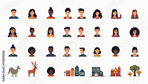 Vector set of businesswomen icons in different poses and situations for team and office work illustration