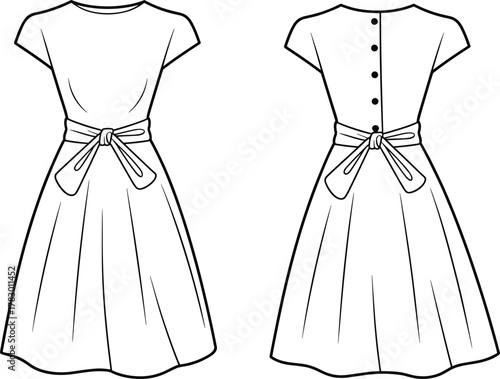 PrintFashion flat sketch of women midi dress with waist bow tie, back button closure, elegant summer outfit design, vector illustration template