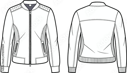 PrintFashion flat sketch of women’s bomber jacket front and back view, stylish outerwear design, technical drawing, apparel fashion vector template