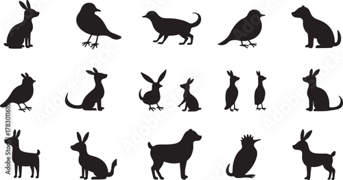 Vector illustration set of black animal silhouettes including cat, dog, rabbit, bird, and mouse icons