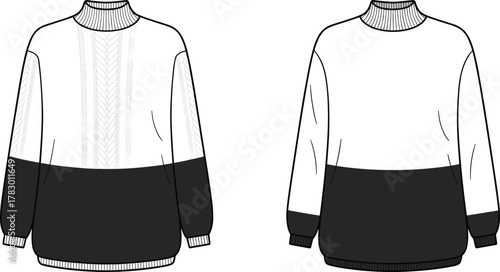 PrintFashion flat sketch of women’s color block turtleneck sweater with ribbed cuffs, long sleeves, casual knitwear winter clothing design template