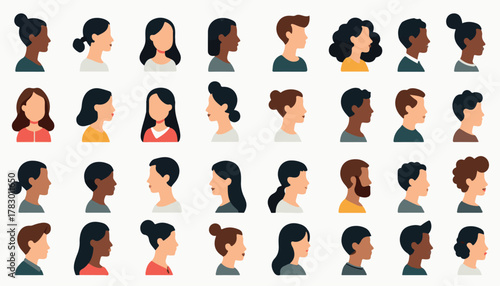 Vector set of female and business people silhouettes, icons, and avatars showing a diverse group profile