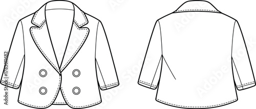 PrintFashion flat sketch of women’s double-breasted blazer front and back view, stylish formal jacket design, apparel technical drawing template