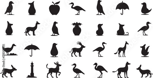 Vector silhouette animal illustration set collection including cat, bird, dog, fish, bear, and other black icons for design