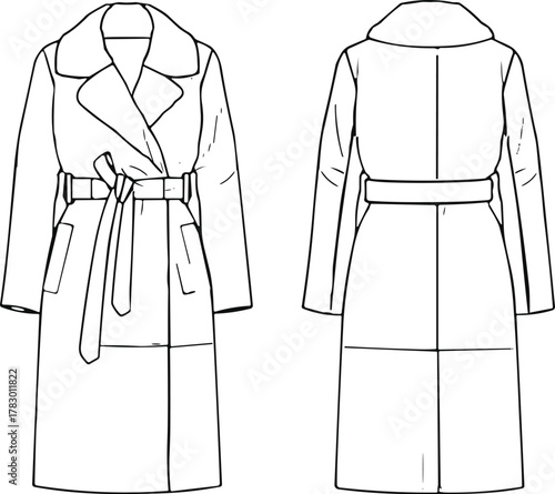 PrintFashion flat sketch of women’s long trench coat with belt, lapel collar, front pockets, elegant winter outerwear technical drawing illustration