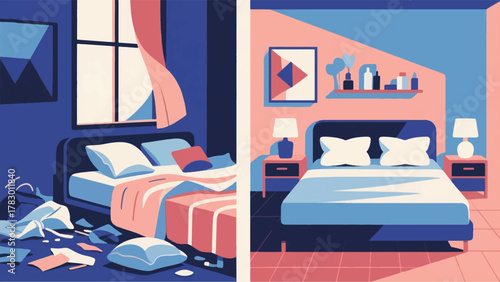 Illustration Vector Split-Screen Vector One Side Showing A Messy Bed, The Other Side Showing A Perfectly Made Bed With Fluffy Pillows And Organized Essentials Vector Design Template
