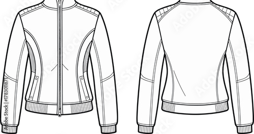 PrintFashion flat sketch of women’s zip-up bomber jacket front and back view, stylish outerwear design, technical clothing drawing template