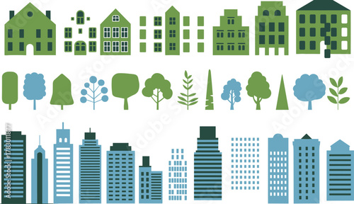 Stylized buildings and trees, residential architecture, urban skyline, green foliage, city planning, modern design, nature contrast, educational illustration, flat art