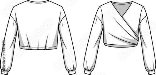 PrintFashion flat sketch, long sleeve wrap crop top design, women blouse template front and back view, garment technical drawing illustration