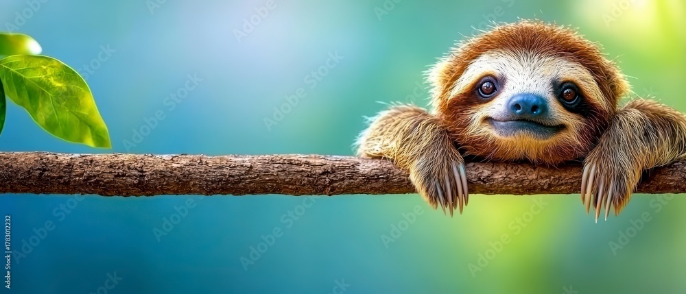Naklejka premium Relaxing Sloth Hanging on a Branch in a Lush Forest Close-Up Photography Nature Tranquil Environment