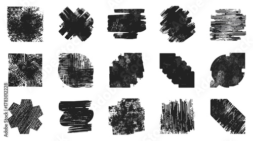 A collection of grunge-textured design elements, including squares, circles, and abstract shapes, perfect for adding a worn, artistic feel to any project.