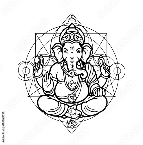 Ganesha sitting in lotus position with geometric shapes behind him, representing spirituality and enlightenment in a detailed black and white line art.