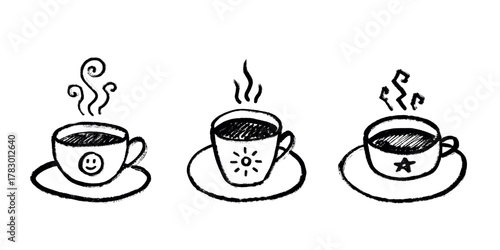 Set of cup of tea or coffee with rising steam Simple mug clipart Cozy home doodle Single element for print, web, design, decor