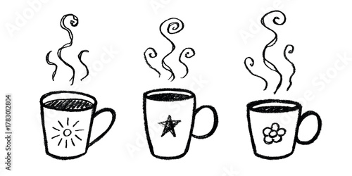 Set of cup of tea or coffee with rising steam Simple mug clipart Cozy home doodle Single element for print, web, design, decor