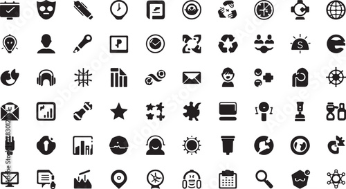 A set of black vector icons for web design and business, including signs for computer, internet, phone, mail, and money