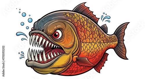 Menacing piranha with sharp teeth and vibrant scales displays underwater aggression in an