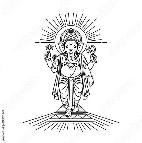 Ganesha walking forward on geometric platform with radiating light in black and white line art style representing spirituality and divine blessing.