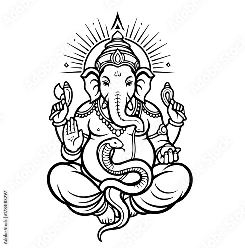 Ganesha sitting in lotus position with snake in a black and white line drawing representing hinduism and spirituality with intricate details and peaceful mood.