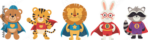 Superhero animal cartoon illustration set, bear tiger lion rabbit raccoon characters, kids costume art, heroic animal graphic pack