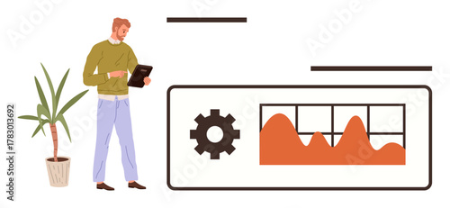 Man in casual outfit examining tablet next to a graph illustrating performance trends with a gear icon. Ideal for productivity, analysis, innovation, strategy, teamwork, growth, decision-making