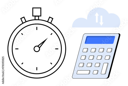Stopwatch pointing to time, digital calculator with screen, cloud with two-way arrows. Ideal for productivity, cloud computing, time tracking, finance, calculations, analytics time management