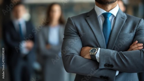 Confident businessman in suit, arms crossed, with team blurred behind