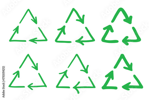 Set of hand drawn recycle arrow icon Recycling resources symbol Reuse of materials, zero waste, green environment, saving the planet